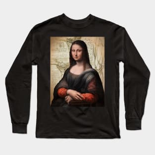 Mona Lisa on DaVinci Sketches Famous Painting Collage Long Sleeve T-Shirt